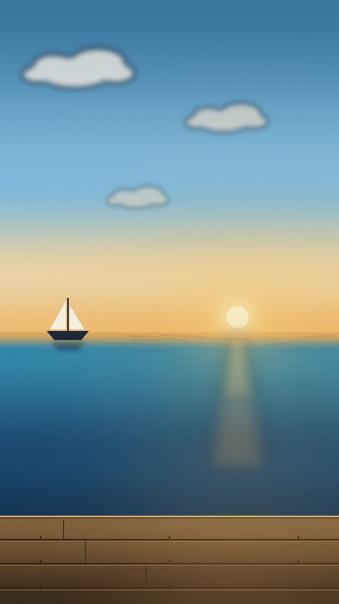 A wooden pier at golden hour, a sailboat moored on calm blue sea